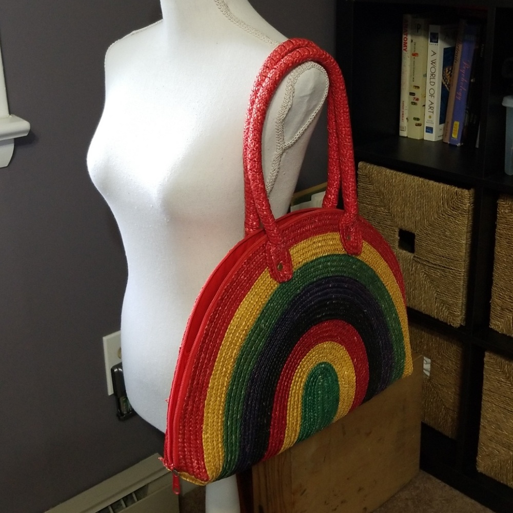 SOLD Rainbow large vintage raffia bag ooak